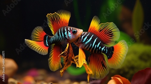 A Clown Killifish pair engaging in a courtship dance  their fins extended  and colors vividly on display.