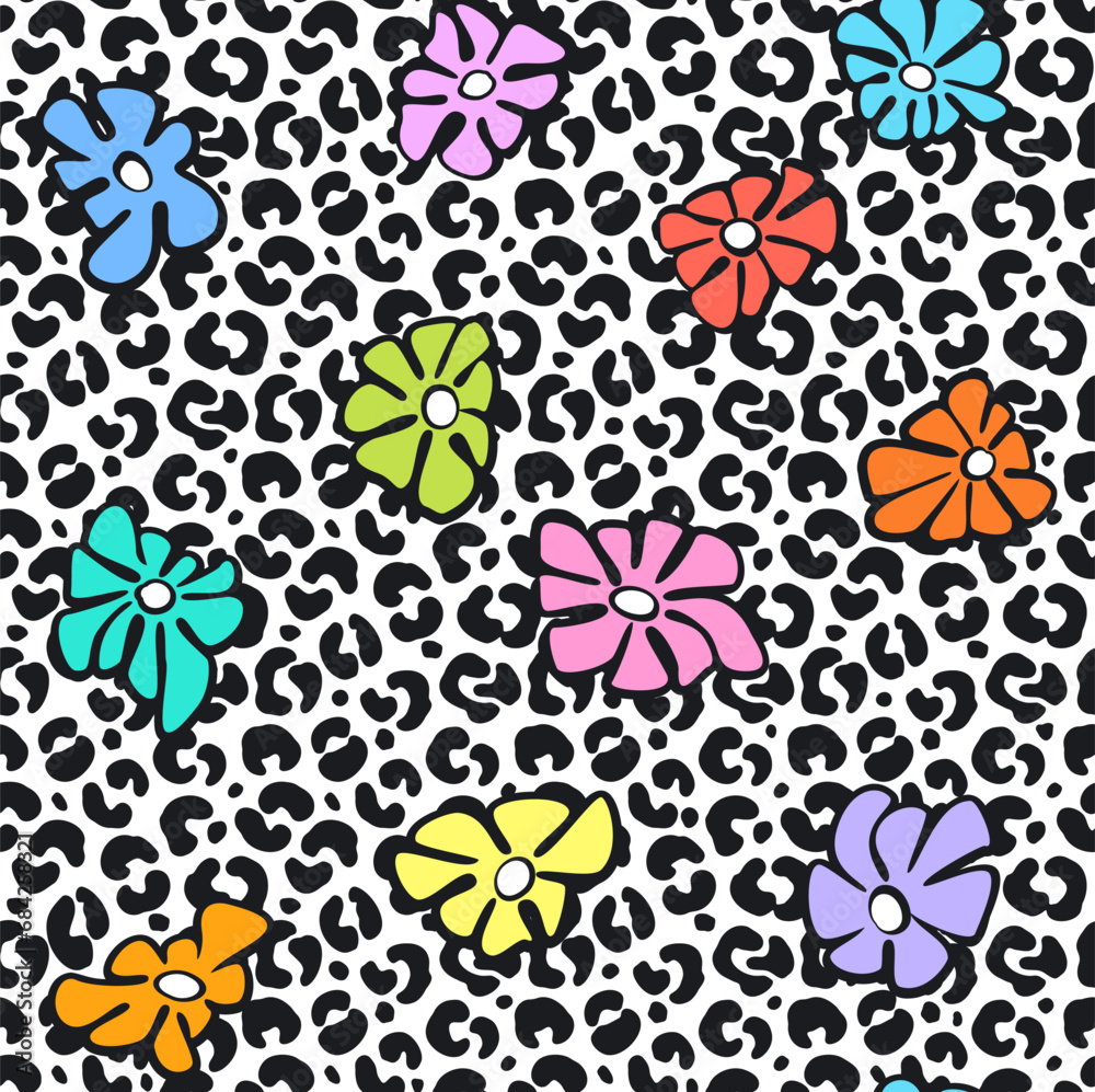 groovy funky retro vintage rainbow flowers over black and white leopard animal skin texture, vector illustration seamless pattern