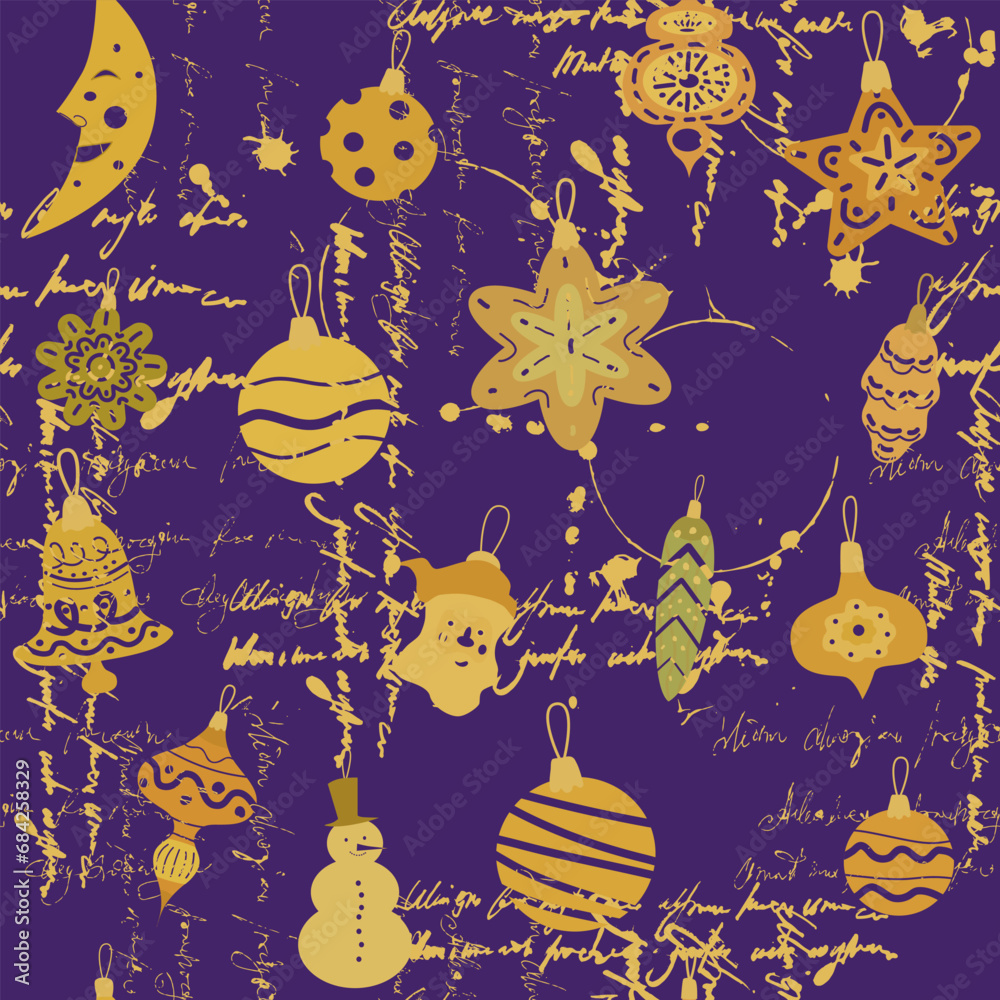 Fototapeta premium Christmas toys, balls retro seamless pattern doodle decoration. Illegible text