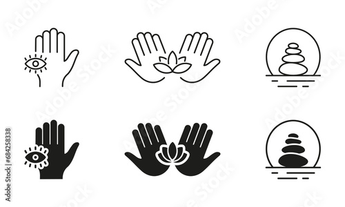 Wellness Silhouette and Line Icons Set. Massage And Acupuncture Pictogram. Wellbeing Black Symbol Collection. Human Hand Holding Lotus, Stone Balance. Isolated Vector Illustration