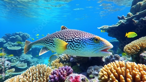 A colorful spotted pufferfish swimming gracefully in a vibrant coral reef  captured in stunning