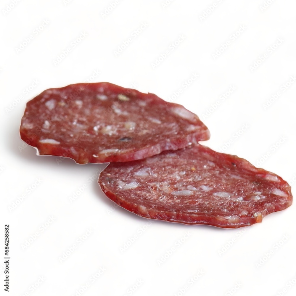 two slices of cured salami sausage- two slices of cured salami sausage-