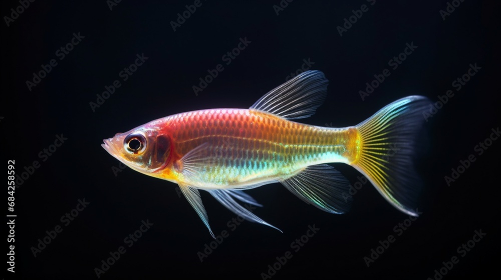 A detailed shot of a male Threadfin Rainbowfish (Iriatherina werneri) showcasing its iridescent colors during a courtship dance.