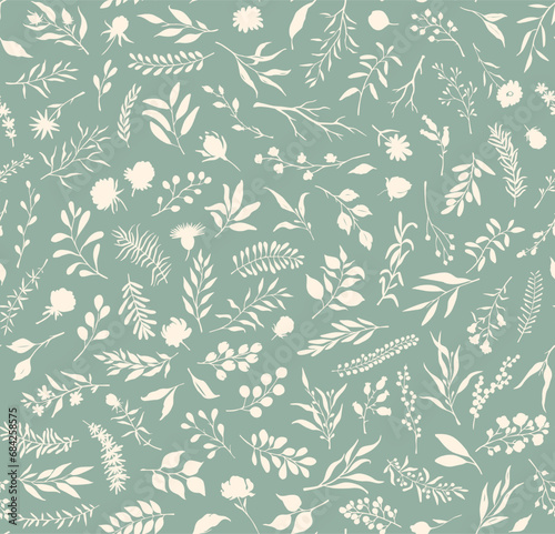various botanical silhouettes  floral branches twigs flowers berries and leaves seamless pattern  vector illustration nature organic wildflowers wild herbs sage green and cream repeat texture.