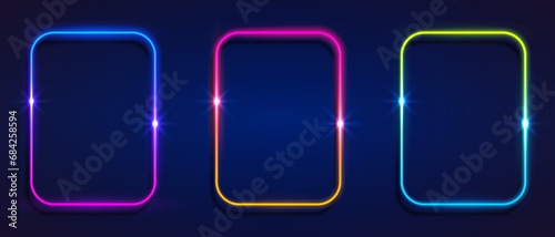 set of vector 3d render squares glowing in the dark, pink blue neon light, illuminate frame design. Abstract cosmic vibrant color backdrop. Glowing neon light. Neon frame with rounded corners.
