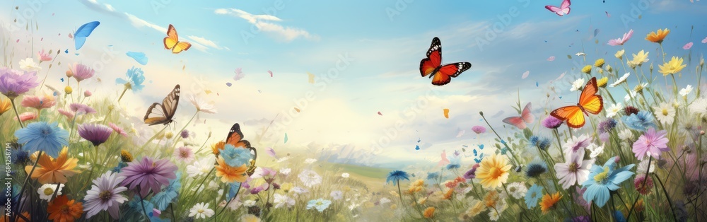 Spring meadow with blooming flowers and butterflies Spring meadow with blooming flowers and butterflies