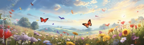 Spring meadow with blooming flowers and butterflies photo