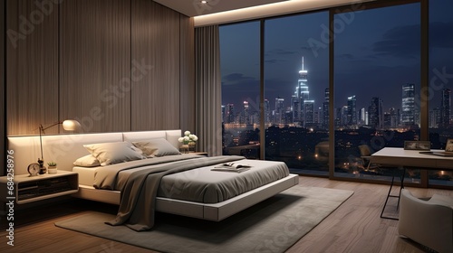 A modern and minimalist urban bedroom with cityscape views © Soontorn