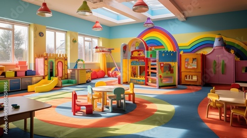 A vibrant and colorful children's playroom in a daycare center © Soontorn
