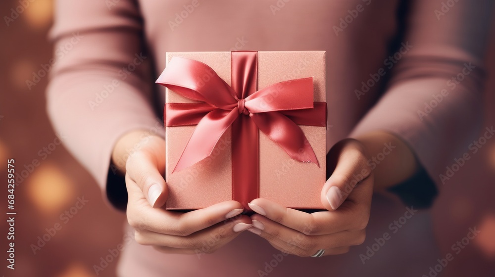 Woman hands holding a color giftbox with a ribbon, copy space, 16:9 Woman hands holding a color giftbox with a ribbon, copy space, 16:9