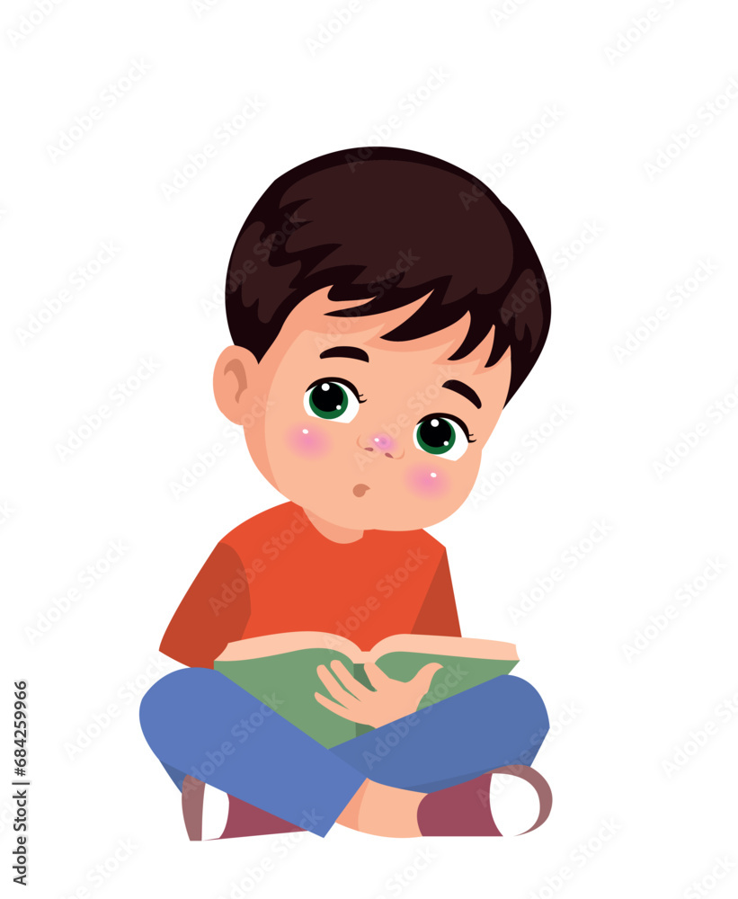 Cute Little boy reading book illustration