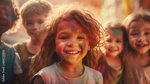 Close-up portrait of a girl and group of happy kids looking at camera after playing with colourful holi powder during festival celebration. Holy colors festival.