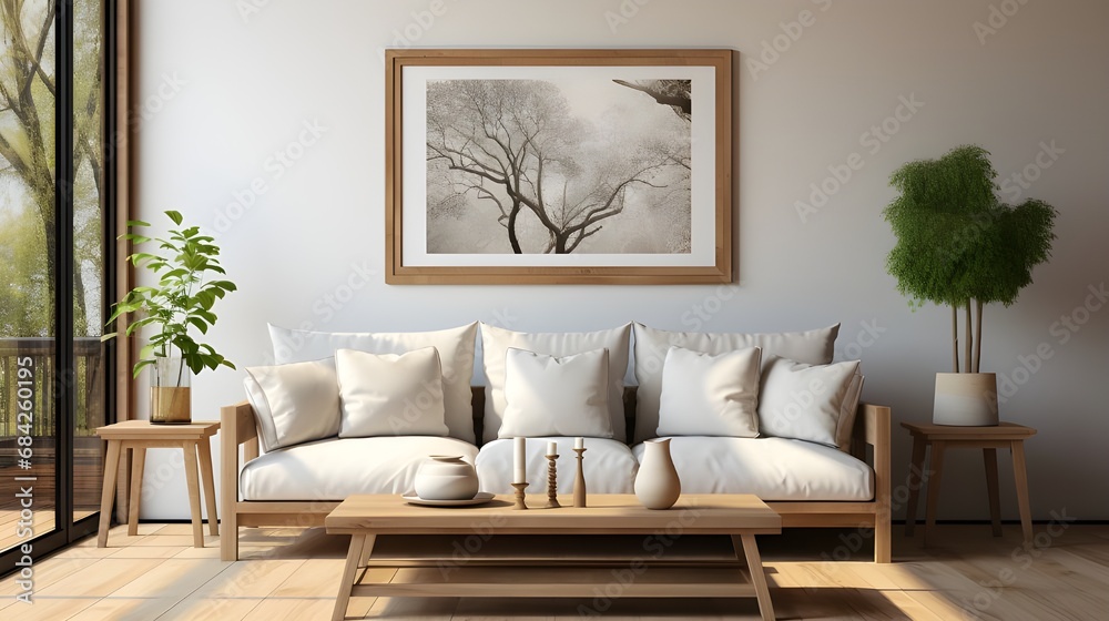 beige sofa with a wooden frame and glass, in the style of cottagecore, minimalist purity beige sofa with a wooden frame and glass, in the style of cottagecore, minimalist purity