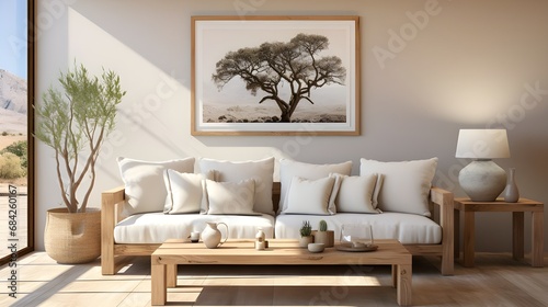 beige sofa with a wooden frame and glass  in the style of cottagecore  minimalist purity