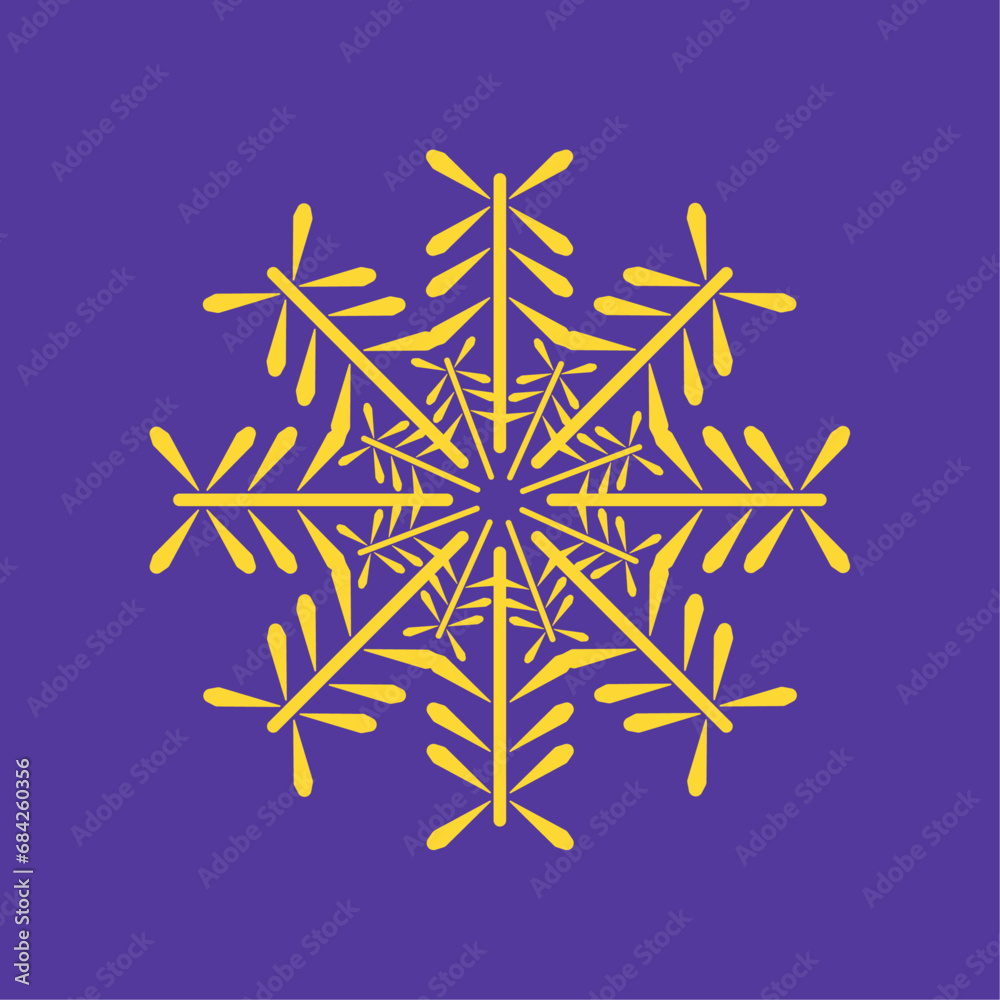 Soft yellow, gold Snowflakes on isolated blue background, Smooth snowflakes collection isolated on white background design