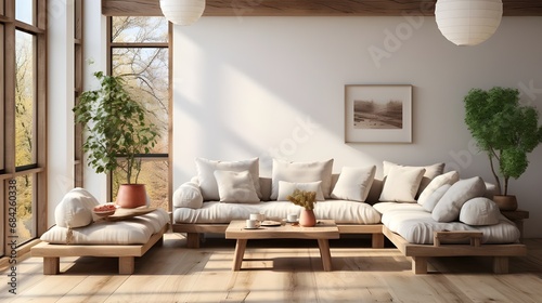 natural wood sofa living room couch with ottoman, in the style of simplicity, monochromatic color palettes photo