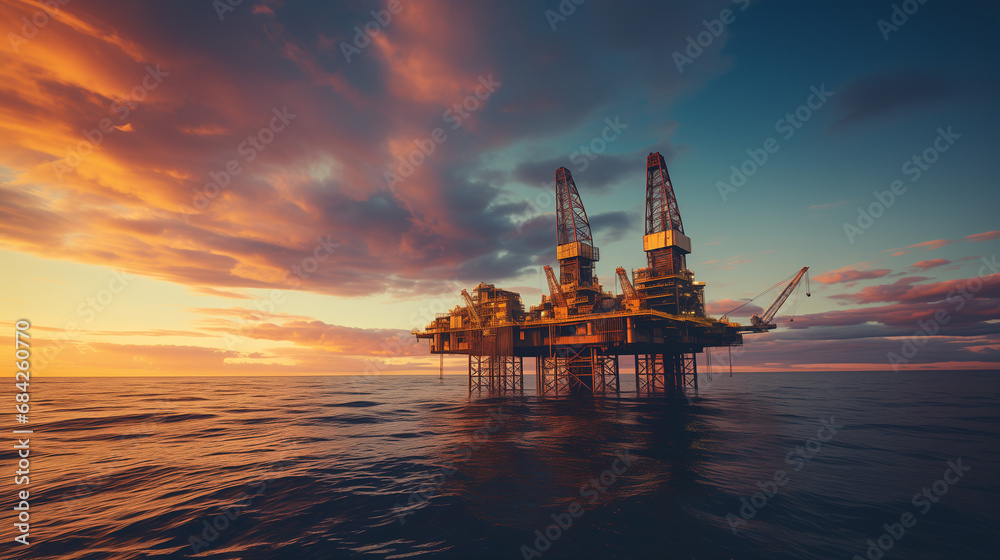 Oil platform on the open sea at sunset or sunrise