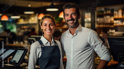 Confident mature caucasian small business owners waiters bartenders in aprons looking at the camera with arms crossed at the bar counter in restaurant