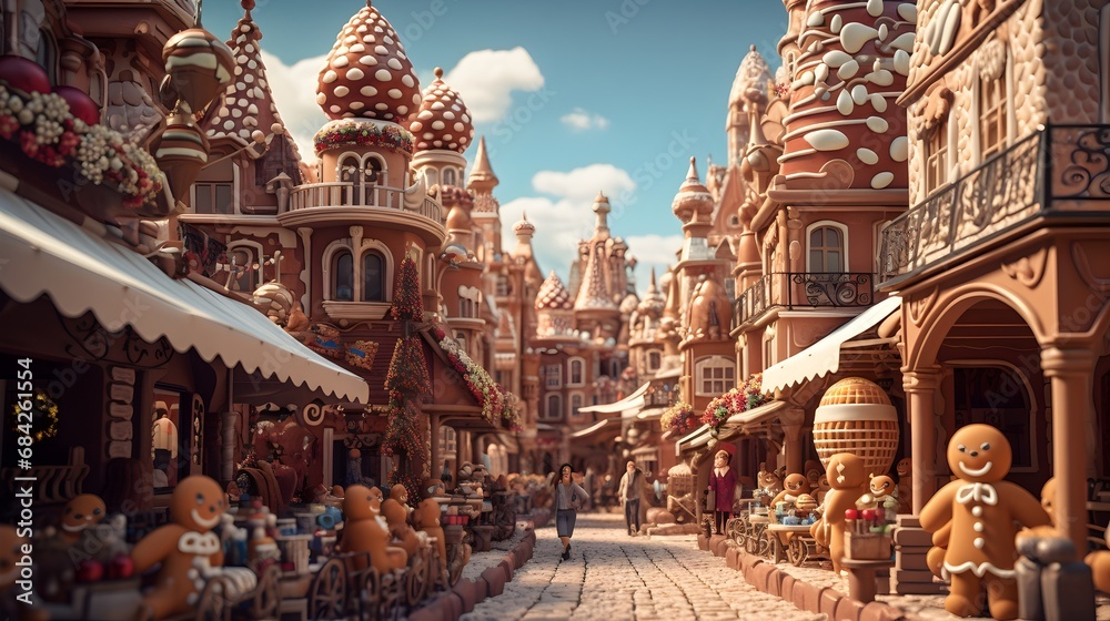 Enchanting Gingerbread Town with Bustling Street Scene
