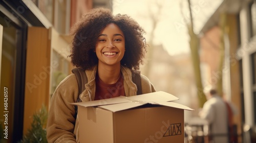 Happy smiling black  woman carrying cardboard box with belongings. Female student moving out of parents house. Young woman moving to dorm, new apartment, rent a flat generative ai © Hixel