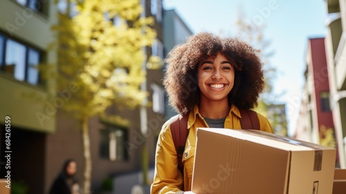 Happy smiling black woman carrying cardboard box with belongings. Female student moving out of parents house. Young woman moving to dorm, new apartment, rent a flat generative ai