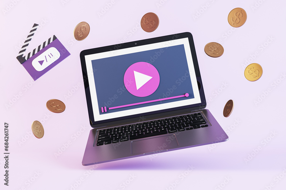 Laptop with play button graphic and floating coins on a pastel purple background. Online earning concept. 3D Rendering Laptop with play button graphic and floating coins on a pastel purple background. Online earning concept. 3D Rendering