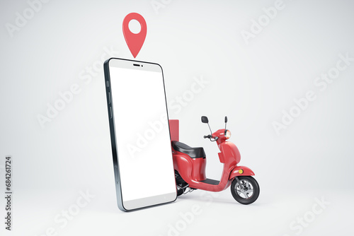 Mockup smartphone screen with map pin and red delivery bike on white background. 3D Rendering
