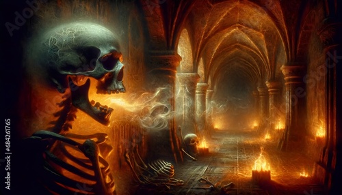 Skeleton Breathing Fire in an Ancient Crypt