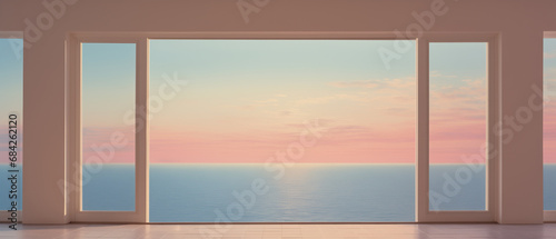 Empty pink room with large windows and calming sunset ocean view - peaceful lucid dream aesthetics - minimalist Architecture design - Contemporary Interior style with modern simplicity. 