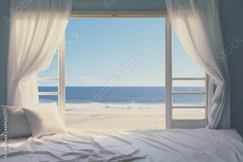 Lucid dreamlike room with a bed and white linen , large windows and white curtains with calming ocean view - feelings of peace and idyllic tranquility - minimalist Architecture design.