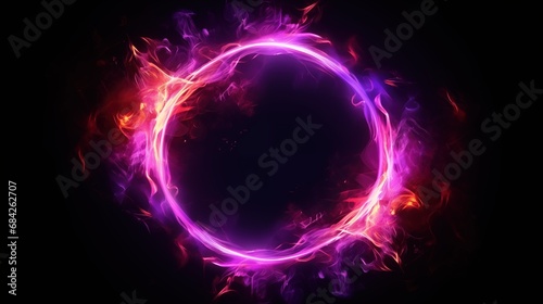 Abstract neon energy sphere of particles and waves of magical glowing on a dark background, circle and loop frames with magic purple and pink flame and sparks isolated on transparent, generative ai