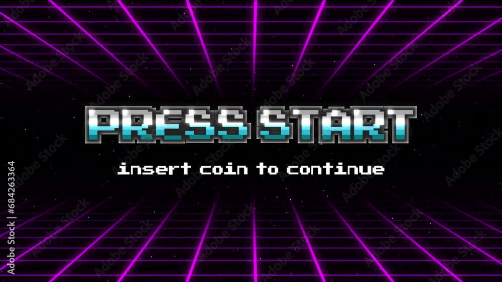PRESS START INSERT A COIN TO CONTINUE .pixel art .8 bit game.retro game. for game assets in vector illustrations.Retro Futurism Sci-Fi Background. glowing neon grid.and stars from vintage arcade comp PRESS START INSERT A COIN TO CONTINUE .pixel art .8 bit game.retro game. for game assets in vector illustrations.Retro Futurism Sci-Fi Background. glowing neon grid.and stars from vintage arcade comp