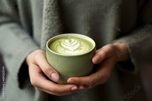 Hands of woman hold a cup with matcha green tea latte