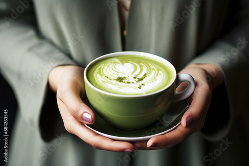 Hands of woman hold a cup with matcha green tea latte