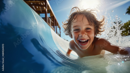 Happy Boy Enjoying a Pool Slide in Summer.
