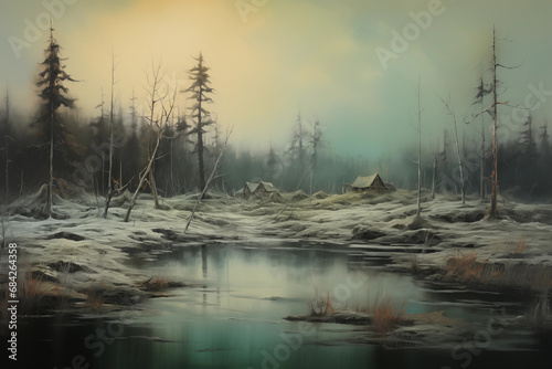 morning in the forest village between forest winter scenery picture painted