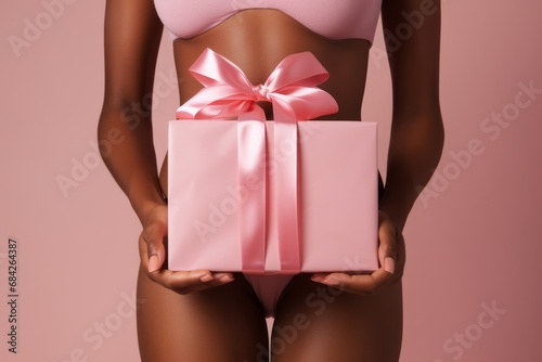 a female torso wearing underwear and holding a big pink present box in her hands on seamless pink background photo