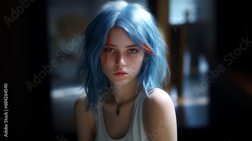 A young girl with blue eyes and blue hair looking at the camera, light white and dark amber, rustic realism