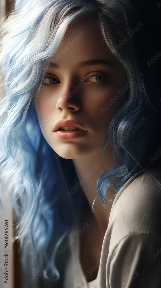 A young girl with blue eyes and blue hair looking at the camera, light white and dark amber, rustic realism A young girl with blue eyes and blue hair looking at the camera, light white and dark amber, rustic realism