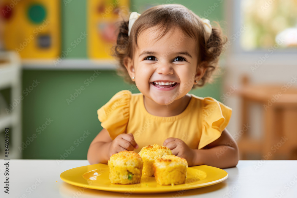 Smiling baby eating healthy food