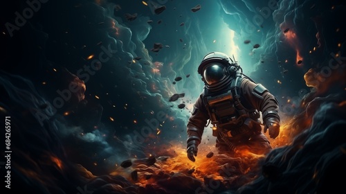 A young astronaut floats in the zero gravity of a vibrant nebula, their gaze filled with wonder and solitude in the vastness of space, style sci-fi