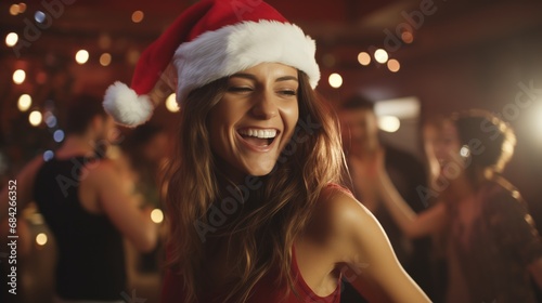 Close up of woman wearing santa hat, dancing at christmas party