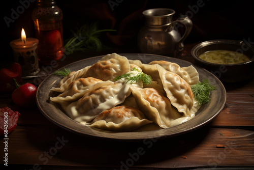 dumplings on a plate baked with dill on a wooden table and cucumber soup a burning candle in the background of a traditional dish