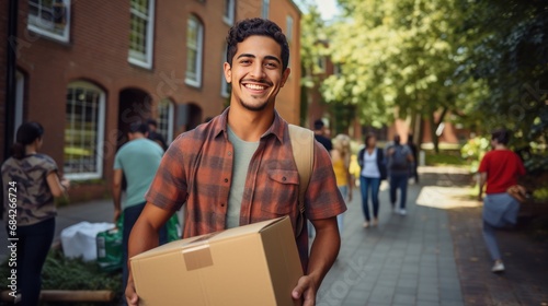Happy smiling young hispanc man carrying cardboard box with belongings. Male student moving out of parents house. Young man moving to dorm, new apartment, rent a flat generative ai © Hixel