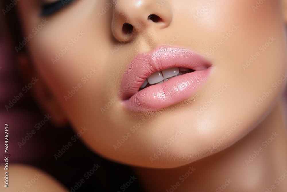 Fototapeta premium Macro happy woman's smile with healthy white teeth, bright pink .lips make-up. Stomatology and beauty care. Woman smiling with great teeth. Cheerful female smile with fresh clear skin