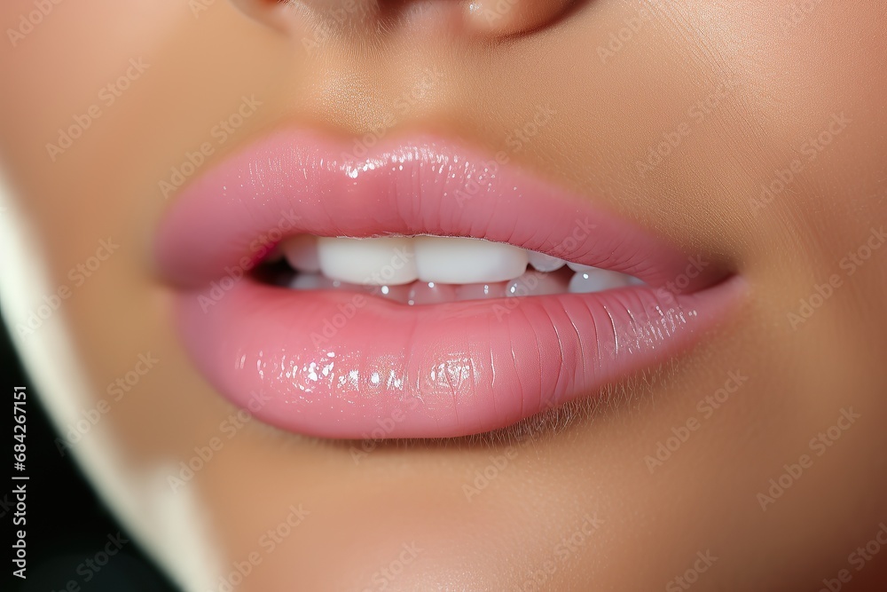 Fototapeta premium Macro happy woman's smile with healthy white teeth, bright pink .lips make-up. Stomatology and beauty care. Woman smiling with great teeth. Cheerful female smile with fresh clear skin