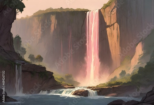 A waterfall cascades down cliffs, its waters shimmering with dawn's light. Lush greenery surrounds, while snow-capped peaks rise in distance. photo