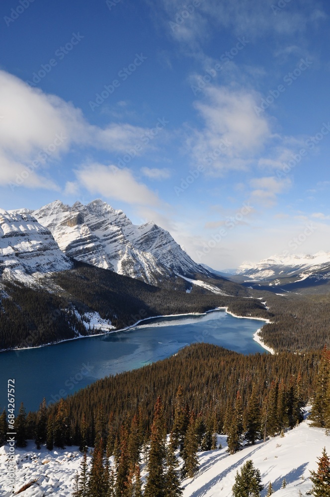 Vertical photo of Peyto Lake in Winter, just before the ice freezes. Jasper/Banff, Alberta Canada