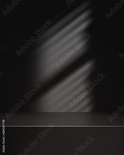 Minimalist black geometric pedestal or podium for product showcase. Abstract black background. Empty mock up template. Box shape. Blank stage. 3d render illustration