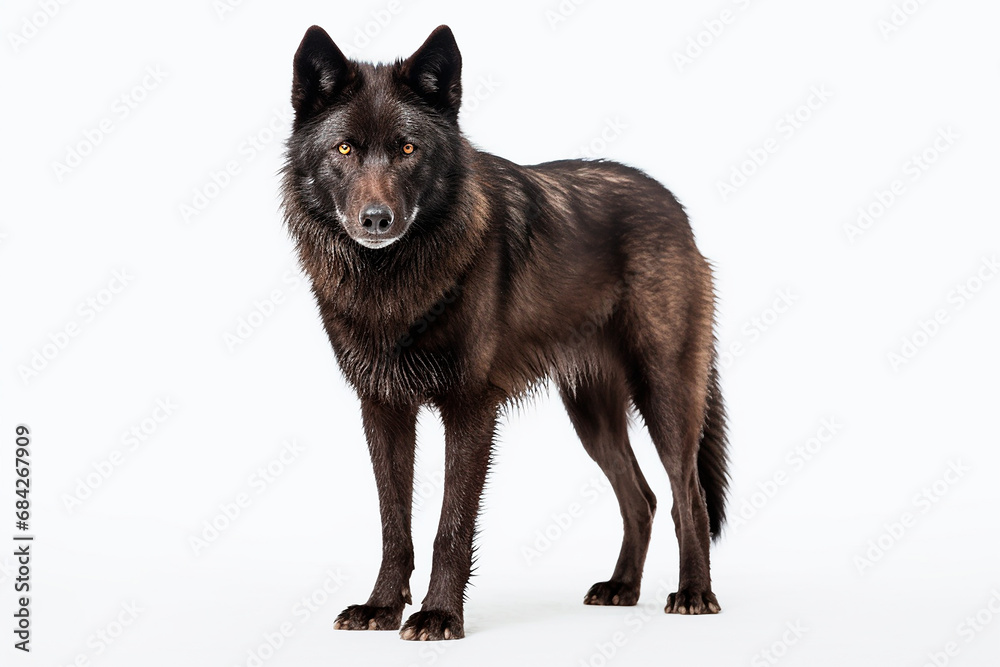Fototapeta premium Black Wolf standing on a white background. Beautiful animal left-side portrait